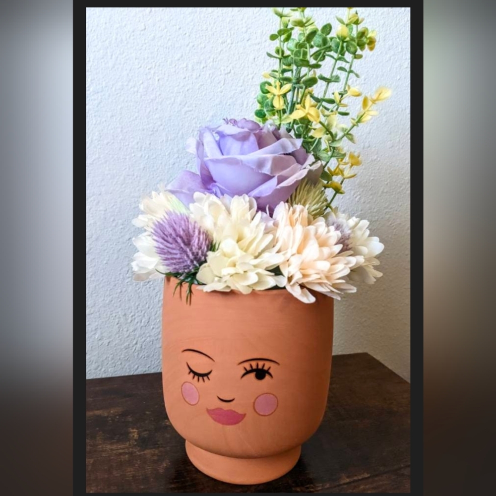 💜Silly Face Faux Flower Arrangement With Purple Roses💜